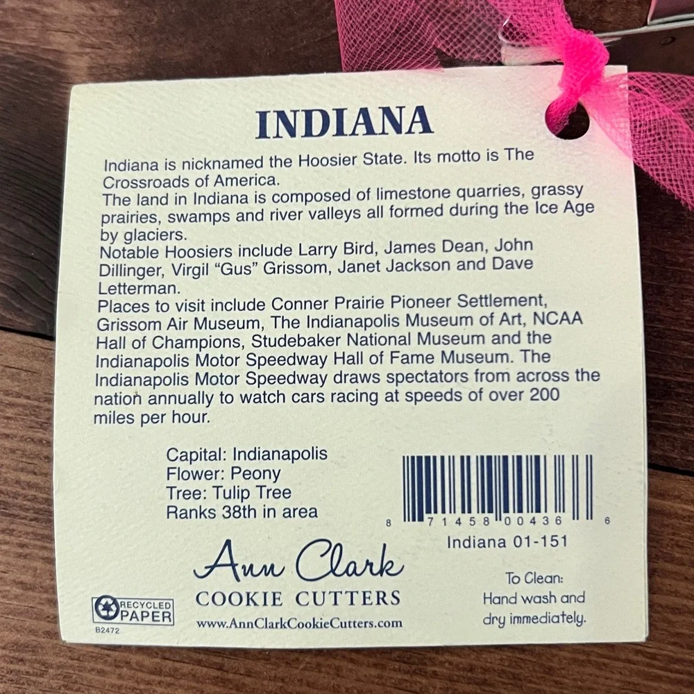 Ann Clark Indiana State Cookie Cutter Tin Plated Steel 4 Inch Made in USA New